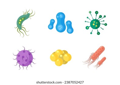 Bacteria and germs colorful set, micro-organisms disease-causing objects, different types, bacteria, viruses, fungi, protozoa. Vector flat microbe. Bactery cell cancer germ, viruses, fungi, probiotic.