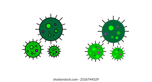 Conjunto colorido de bacterias y gérmenes, microorganismos que causan enfermedades, diferentes tipos