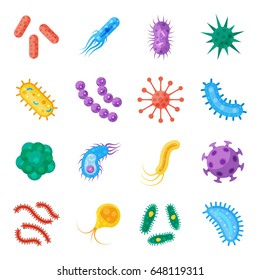 Красочный набор бактерий и микробов, микроорганизмы, вызывающие болезни объекты, различные типы, бактерии, вирусы, грибки, простейшие. Векторная плоская иллюстрация мультфильма, изолированная на белом фоне