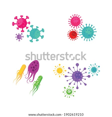 Bacteria and germs colorful set, micro-organisms disease-causing objects, different types, bacteria, viruses, fungi, protozoa. Vector flat style cartoon illustration isolated on white background