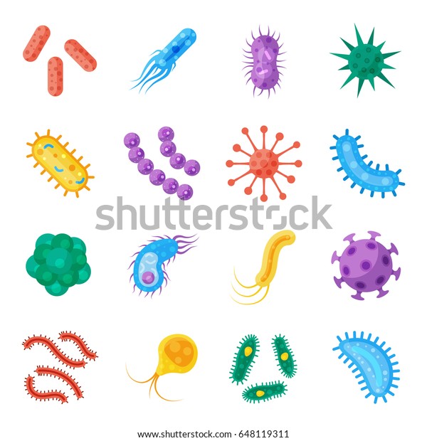 細菌と細菌のカラフルなセット 微生物の病気を引き起こす物 異なる種類 細菌 ウイルス 菌類 原生動物 白い背景にベクターフラットスタイルの漫画イラスト のベクター画像素材 ロイヤリティフリー