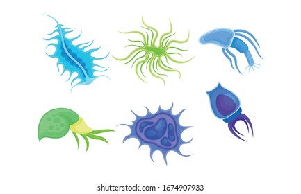 Bacterias y gérmenes de diferentes formas aislados en un conjunto de vectores de fondo blanco