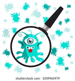 Bacteria - Germs with Magnifying Glass. Vector.