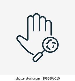 Bacteria, Germs, Microbes and Bacilli on Dirty Hand Palm Line Icon. Magnifier and Human Hand with Virus and Bacteria. Medical Research of Virus Skin Diseases. Editable stroke. Vector illustration.