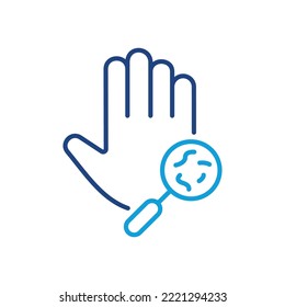 Bacterias, gérmenes, microbios y bacilos en el ícono de la línea de la palma sucia. Ampliador y mano humana con virus y bacterias. Investigación Médica de Enfermedades Cutáneas Virus. Trazo editable. Ilustración vectorial.