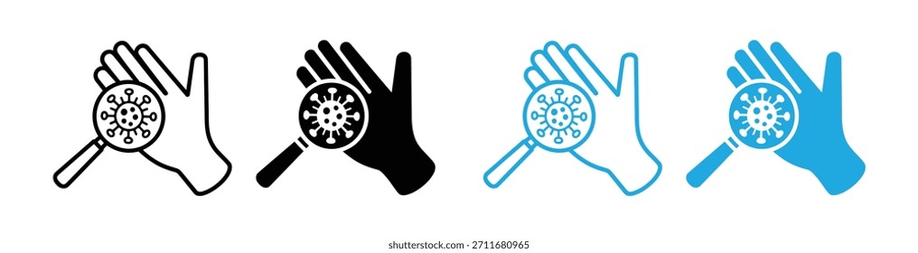 Bacteria, Germs, Microbes, Bacilli on Dirty Hands Line and Silhouette Icon Set. Magnifier and Human Hand with Virus and Bacteria Symbol Collection. Medical Research Sign. Isolated Vector illustration.