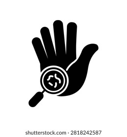 Bacteria, Germs, Microbes and Bacilli on Dirty Hand Palm Silhouette Icon. Magnifier and Human Hand with Virus and Bacteria. Medical Research of Virus Skin Diseases. Isolated Vector illustration