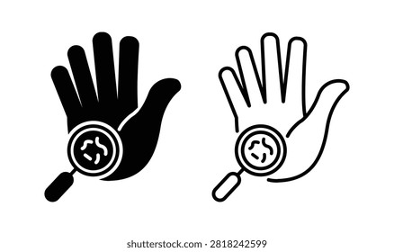 Bacteria, Germs, Microbes, Bacilli on Dirty Hands Line and Silhouette Icon Set. Magnifier and Human Hand with Virus and Bacteria Symbol Collection. Medical Research Sign. Isolated Vector illustration