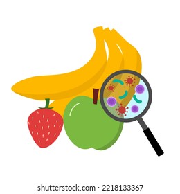 Los gérmenes bacterianos sobre frutos en diseño plano sobre fondo blanco.