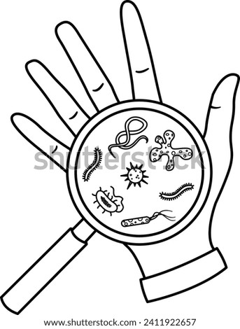 Bacteria and Germs on the Hand for Coloring. Viruses Causing Various Diseases. Hand Hygiene Campaign. Vector illustration
