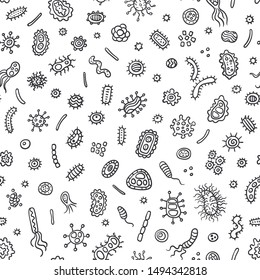 Bacteria And Germs Outline Pattern, Micro-organisms Disease-causing Objects, Different Types, Bacteria, Viruses Background. Bacteria Microbes And Viruses Pattern. Microscopic Bacterium And Bacillus
