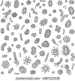 Bacteria and germs outline set, micro-organisms disease-causing objects, different types, bacteria, viruses. Vector doodle style. Bacteria microbes and viruses set. Microscopic bacterium and bacillus