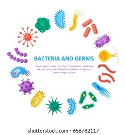 Bacterias y gérmenes redondeados, copyspace en el medio. Tipos de virus causantes de enfermedades, hongos, protozoos, grupo de microorganismos. Dibujo de dibujos animados de estilo plano vectorial aislado en fondo blanco