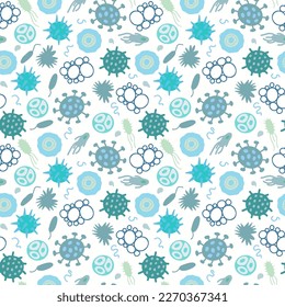 Bacteria and germs seamless pattern. Hand drawn green and blue microorganisms. Isolated on white background.