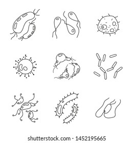 Bacteria and germs set, microorganisms disease causing objects. Illness bacilli, microbes, viruses and microorganisms outline vector icons.