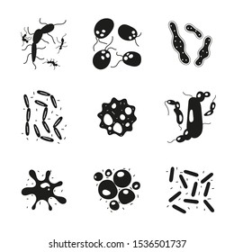 Bacteria and germs set, microorganisms disease causing objects. Illness bacilli, microbes, viruses and microorganisms vector icons.