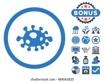 Bacteria icon with bonus symbols. Vector illustration style is flat iconic bicolor symbols, smooth blue colors, white background.