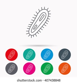 Bacteria icon. Medicine infection symbol. Bacterium or microbe sign. Linear icons in circles on white background.