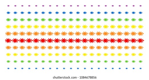 Bacteria icon rainbow colored halftone pattern. Vector symbols organized into halftone matrix with vertical rainbow colors gradient. Designed for backgrounds, covers,