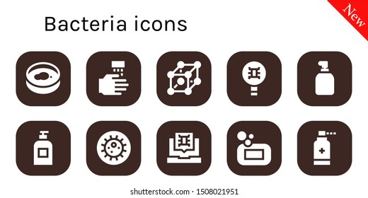bacteria icon set. 10 filled bacteria icons.  Simple modern icons about  - Petri dish, WASHING HANDS, Cells, Virus, Soap, Bacteria, Antiseptic