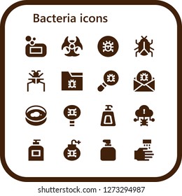  bacteria icon set. 16 filled bacteria icons. Simple modern icons about  - Soap, Biohazard, Virus, Parasite, Petri dish, WASHING HANDS