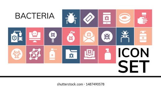 bacteria icon set. 19 filled bacteria icons.  Collection Of - Parasite, Virus, Biohazard, Cells, Antiseptic, Soap, Petri dish, WASHING HANDS
