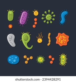 Bacteria Icon Set. Cartoon Style. Vector