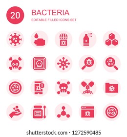 bacteria icon set. Collection of 20 filled bacteria icons included Virus, WASHING HANDS, Antiseptic, Cells, Disease, Petri dish, Bacterias