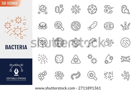 Bacteria icon set. Bacteria, Microbe, Virus, Colony of Bacteria, Petri Dish and more. Editable stroke. Vector illustration