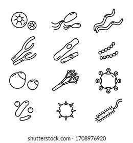 Bacteria icon set. Microorganisms of various size and shape. Isolated monochrome elements on white background. Medical and scientific research concept. Simple linear design. Vector illustration.