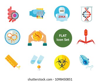 Bacteria icons set with biohazard sign, genome and bacteria in Petri dish. Thirteen vector icons