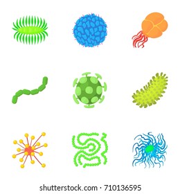 Bacteria icons set. Cartoon set of 9 bacteria vector icons for web isolated on white background