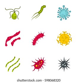 Iconos bacterianos establecidos. Ilustración plana de 9 iconos vectoriales bacterianos para la web