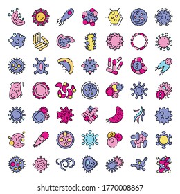 Iconos de bacterias establecidos. Conjunto de esquemas de bacteria iconos vectoriales color de línea delgada plano sobre blanco