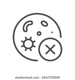 Icono Negativo De Infección Bacteriana. Ilustración de la línea de Vector del resultado negativo de la prueba para la infección bacteriana, que representa el Estado limpio de la salud. Signo médico de contorno aislado.
