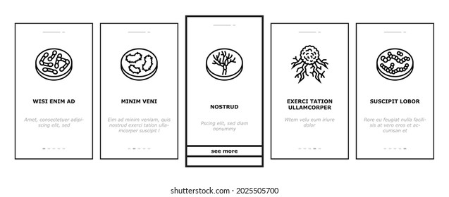 Bacteria Infection Onboarding Mobile App Page Screen Vector. Candida Bacteria And Plague, Cancer Cell And Thyroid Disease, Cutaneous Mucormycosis And Parasit Worms Illustrations