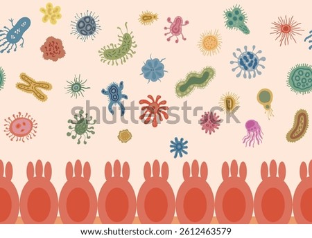 bacteria inside the intestine, floating above the intestinal mucosa, representing the gut microbiome