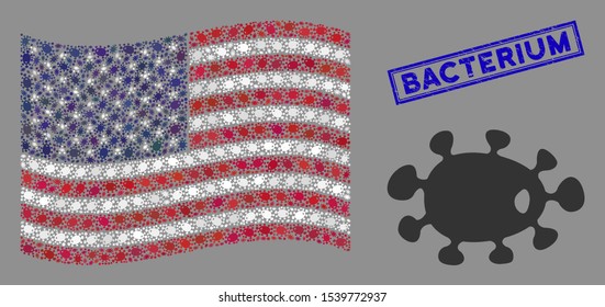 Bacteria items are organized into USA flag collage with blue rectangle grunge stamp watermark of Bacterium caption. Vector collage of America waving flag is combined of bacteria elements.