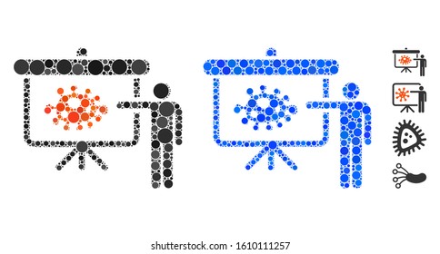 Bacteria lecture composition of circle elements in variable sizes and color tinges, based on bacteria lecture icon. Vector circle elements are combined into blue mosaic.