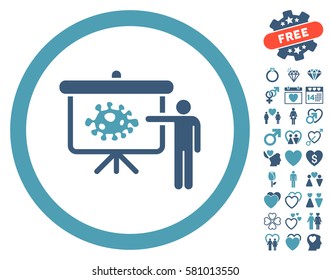Bacteria Lecture icon with bonus amour icon set. Vector illustration style is flat iconic cyan and blue symbols on white background.