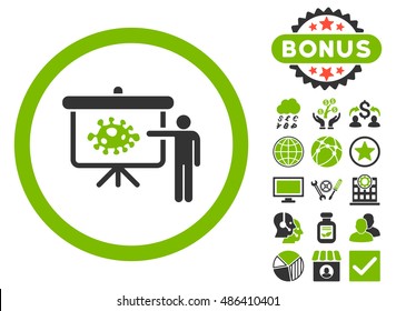 Bacteria Lecture icon with bonus design elements. Vector illustration style is flat iconic bicolor symbols, eco green and gray colors, white background.