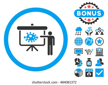 Bacteria Lecture icon with bonus images. Vector illustration style is flat iconic bicolor symbols, blue and gray colors, white background.