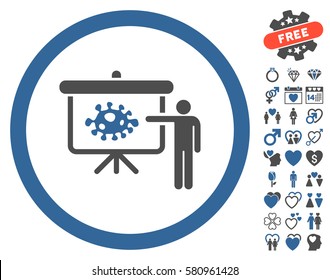 Bacteria Lecture icon with bonus love pictograms. Vector illustration style is flat iconic cobalt and gray symbols on white background.