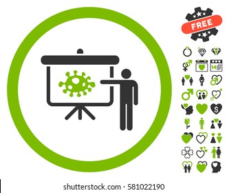 Bacteria Lecture icon with bonus valentine pictograph collection. Vector illustration style is flat iconic eco green and gray symbols on white background.