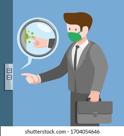 Bacteria in lift, man contamination bacteria virus infection from touching in public area in cartoon flat illustration vector 