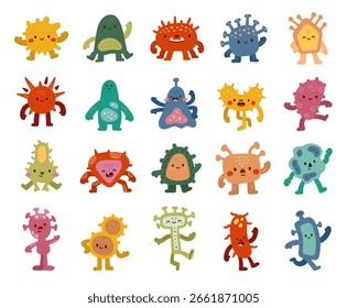 Bactérias microbe personagem definido em estilo escandinavo com rosto sorridente bonito feliz amigável germes orgânico de desenho animado corpo para projetos educacionais ou de design científico