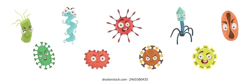 Bacteria and Microbe Cute Germs with Faces Vector Set