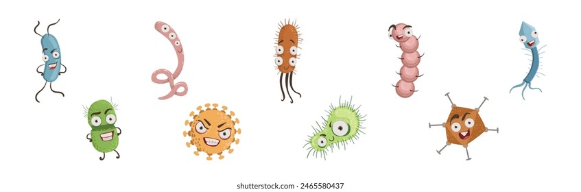 Bacteria and Microbe Cute Germs with Faces Vector Set