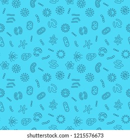 Bacteria and microbe organism vector blue seamless pattern or background in thin line style
