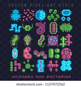 Bacteria and microbe pixel art icons set. Viral molecules. Micro organisms, virus, parasite, germs and bacilli isolated vector illustration. Design for logo, app. Observation in the microscope. 8-bit.